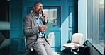 Office, black man and tablet with phone call for thinking, negotiation and consulting for finance solution. Business, mature person and financial advisor with tech for mobile, budget plan and ideas