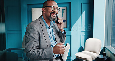 Buy stock photo Office, black man and thinking with phone call for talking, negotiation and consulting for finance. Business, mature person and financial advisor with laugh for mobile, investment idea and discussion