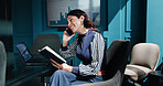 Notebook, financial advisor and woman with phone call for networking, asset management or budget advice. Portfolio manager, diary and negotiation in office for investment, deal and private equity