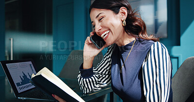 Buy stock photo Office, businesswoman and notebook with phone call for discussion, negotiation or laptop for finance. Career, mature person and financial analyst with statistics for mobile talk, check notes or laugh
