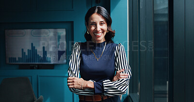 Buy stock photo Portrait, smile and woman with arms crossed, office and confident for financial growth and corporate. Proud, entrepreneur and mature person with ambition for business, opportunity and happy in USA