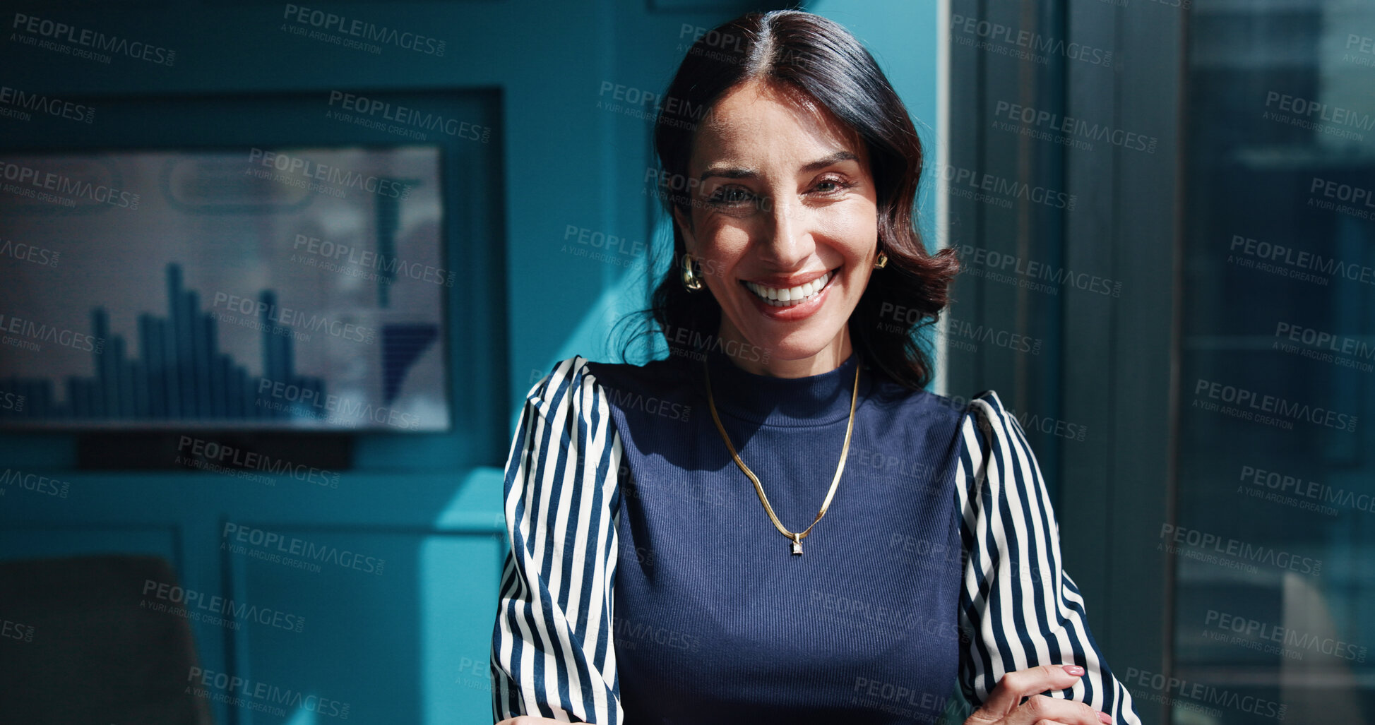 Buy stock photo Portrait, business and woman with smile in office for career pride, about us and financial manager. Female person, laughing and proud with data analysis, risk management and finance growth at company