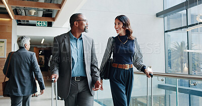 Buy stock photo Airport, colleagues and people with suitcase, travel and conversation for listing, realtor and journey. Happy, man and woman on business trip for seminar, real estate agent and international flight