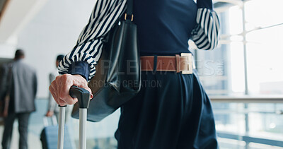 Buy stock photo Business woman, walking and hands with suitcase for travel, corporate trip or commute at airport. Closeup, female person or traveler with luggage for transport service, flight or career journey