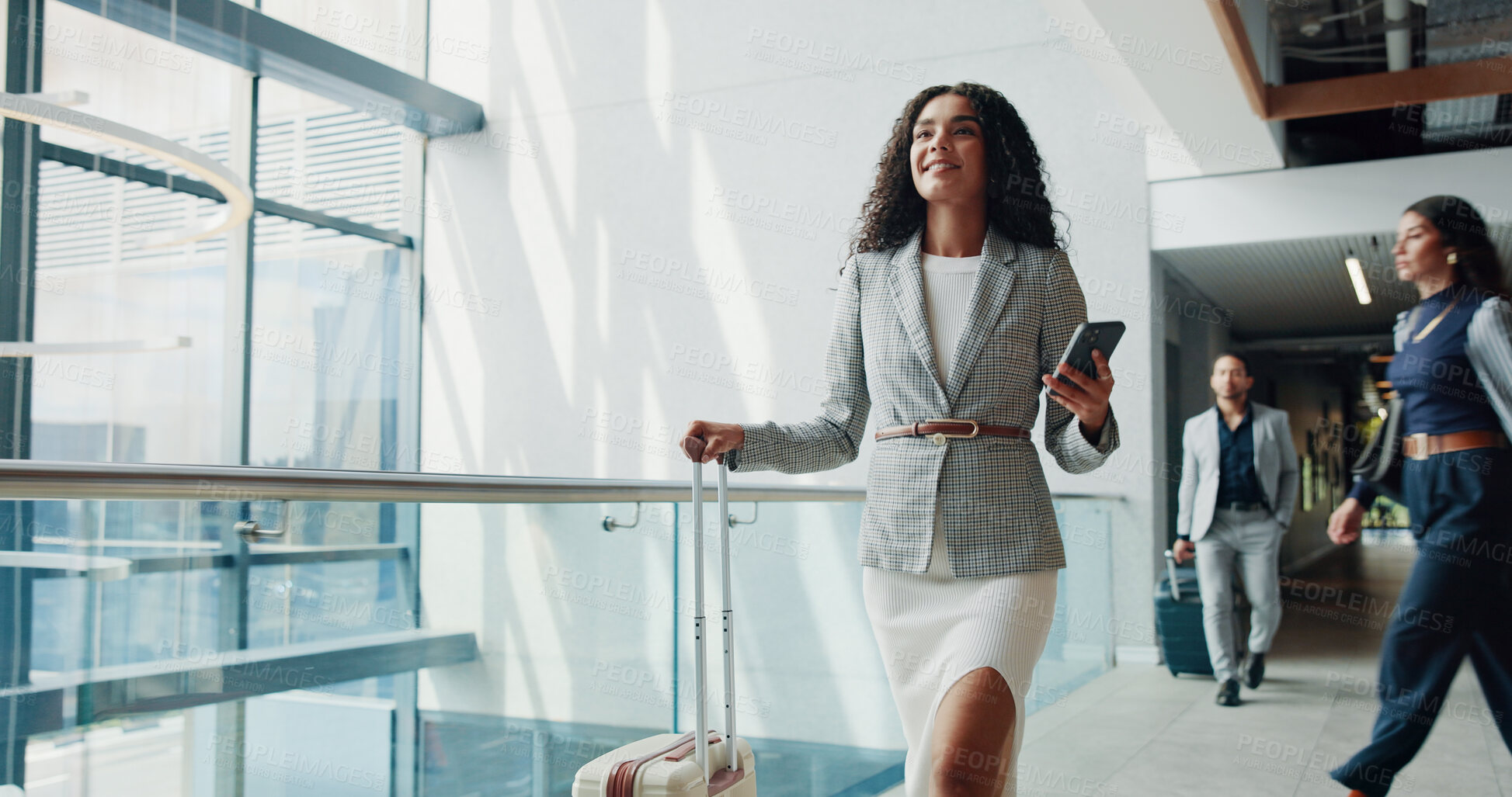 Buy stock photo Happy woman, walking and travel with phone or suitcase for job opportunity or career trip at airport. Female person, employee or traveler with mobile smartphone or luggage for commute or flight app