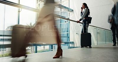 Buy stock photo Airport, waiting and woman on business trip, phone call and plan for travel arrangement and chat. Talking, employee and person with smile for communication, departure and traveller with suitcase