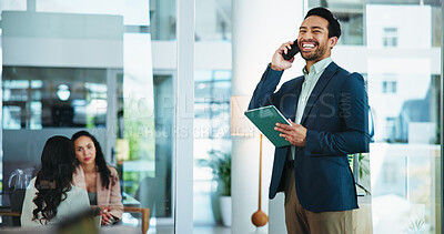 Buy stock photo Phone call, smile and businessman with tablet for accounting, economy update or finance report in office. Happy, check or financial advisor talking with advice for portfolio, research or investment