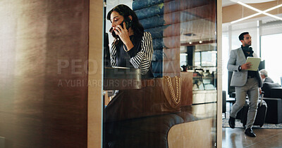Buy stock photo Talking, booth and businesswoman with phone call for advice, asset management and financial account. Portfolio manager, laptop and negotiation in hybrid cubicle for investment, deal or private equity