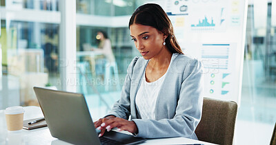 Buy stock photo Finance, businesswoman and typing on laptop in office for tax compliance report, risk management and auditing. Professional, accountant and technology for financial proposal and investment project