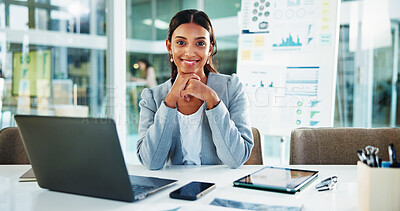 Buy stock photo Office, happy woman and portrait with laptop for accountant, auditing and investment research. Business, female person and financial consultant with digital for finance agency, information and review