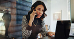 Laptop, phone call and planning with business woman in office for communication or update. Computer, conversation and strategy with mature employee in workplace for accounting or finance feedback