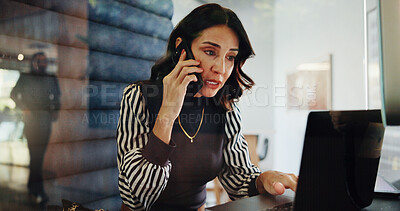 Buy stock photo Laptop, phone call and planning with business woman in office for communication or update. Computer, conversation and strategy with mature employee in workplace for accounting or finance feedback