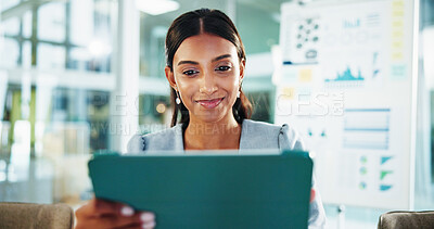 Buy stock photo Smile, reading and business woman with tablet for accounting, economy update or finance report in office. Thinking, online and financial advisor with portfolio advice, research graphs or investment