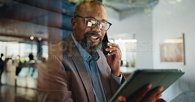 Buy stock photo Phone call, planning and tablet with business black man in office for communication or update. App, conversation and strategy with mature employee in workplace for accounting or finance feedback