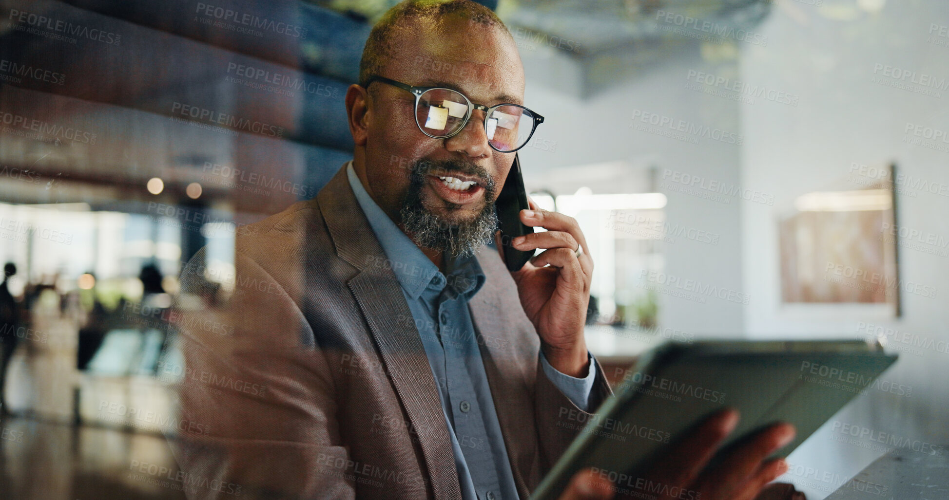 Buy stock photo Phone call, planning and tablet with business black man in office for communication or update. App, conversation and strategy with mature employee in workplace for accounting or finance feedback