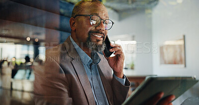 Buy stock photo Tablet, cubicle or black man with phone call for talking, asset management or financial advice. African portfolio manager, glass and negotiation in hybrid booth for investment, deal or private equity