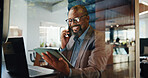 Laptop, phone call and tablet with business black man in pod for communication or update. App, computer and conversation with mature employee in cubicle for accounting, feedback or hybrid work