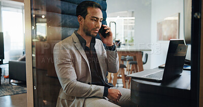 Buy stock photo Laptop, phone call and planning with business man in pod for communication or update. Computer, conversation and strategy with serious employee in cubicle for accounting, finance or hybrid work