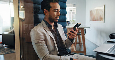 Buy stock photo Businessman, reading and phone with connection in cubicle for business network or communication at office. Man, employee or financial advisor on mobile smartphone for app or social media at workplace