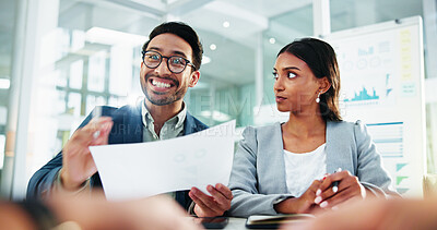 Buy stock photo Business meeting, happy and people with document feedback for finance performance, discussion or strategy. Financial analyst, team and data report for cash flow analysis and investment presentation