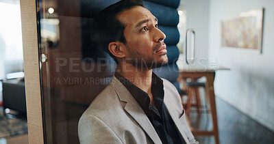 Buy stock photo Businessman, sad and thinking in office for mental health, break and privacy cubicle. Hybrid work, booth and burnout with employee in pod for doubt, depression or memory for workplace mistake