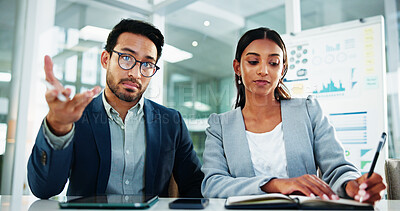 Buy stock photo Business, people and explain with video call in office for financial update, data analysis and tips. Team, notes and online for virtual meeting, corporate webinar and investment chat for negotiation