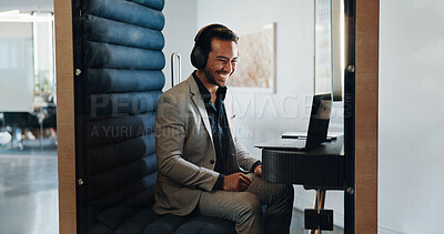 Buy stock photo Businessman, laptop and smile in office for communication, planning and privacy cubicle. Hybrid work, conversation and technology with employee in pod for mobile negotiation, research or update