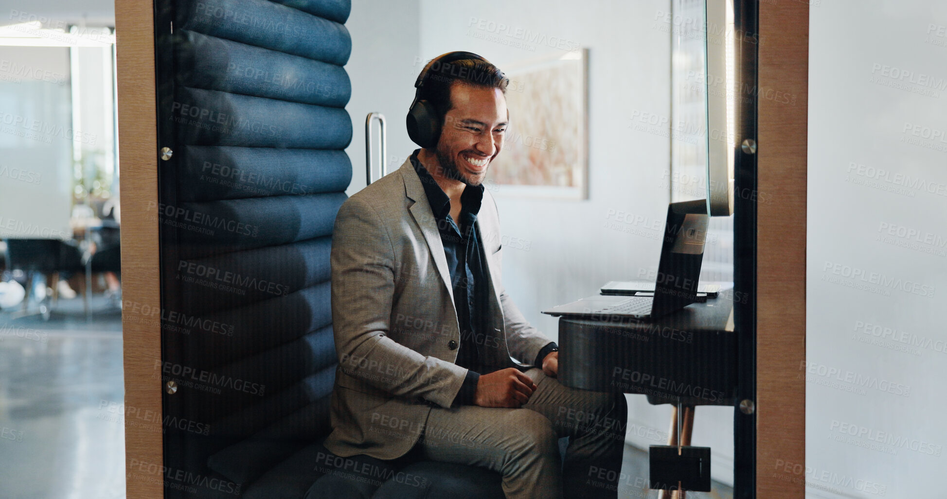 Buy stock photo Businessman, laptop and smile in office for communication, planning and privacy cubicle. Hybrid work, conversation and technology with employee in pod for mobile negotiation, research or update