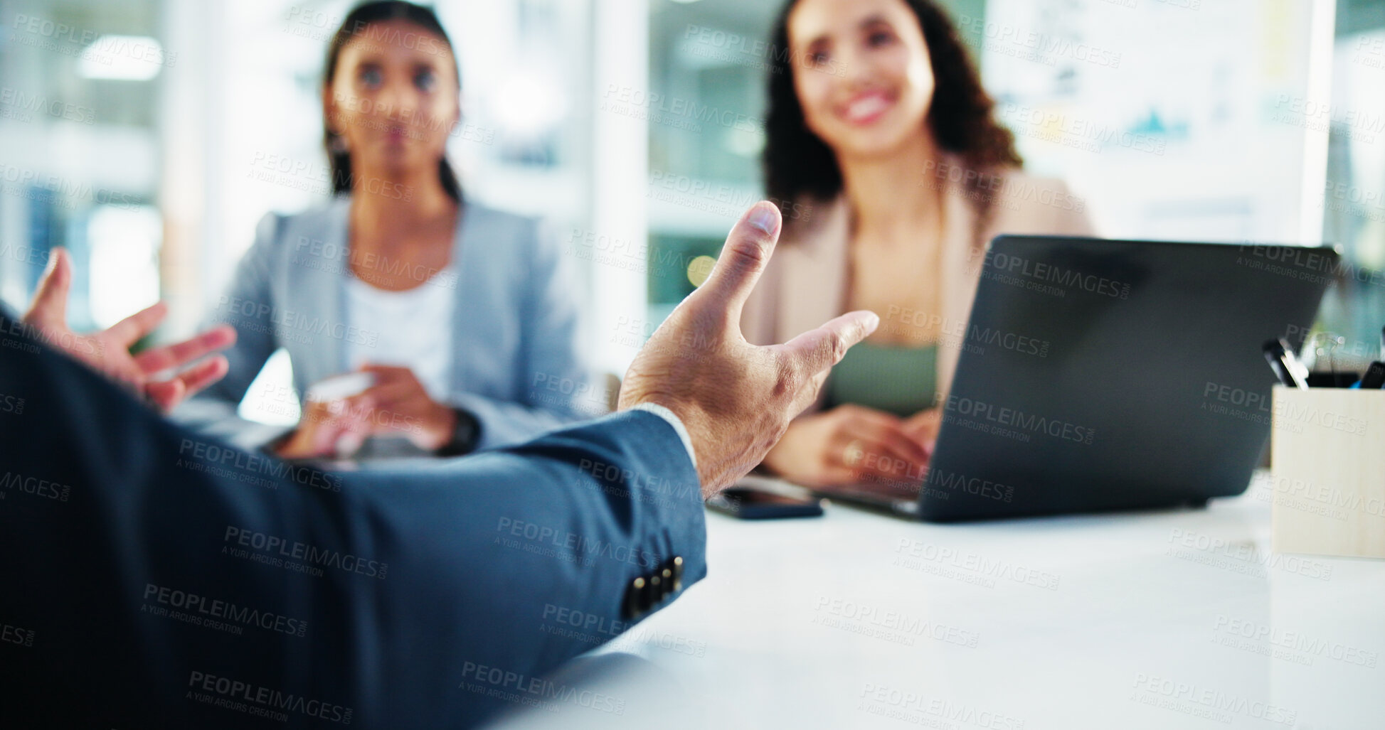 Buy stock photo Hands, interview and business people with discussion in meeting for recruitment, deal or welcome. Conversation, laptop and human resources employees for worker onboarding, agreement or promotion