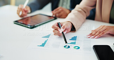 Buy stock photo Documents, statistics and hands of business people in office for finance, profit or revenue analysis. Meeting. paperwork and financial managers with data report for budget planning with discussion.