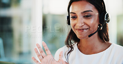 Buy stock photo Smile, woman and wave with headset for video call with greeting, customer service or sales consultant in callcenter. Agent, mic or introduction for contact us, help client or feedback for assistance