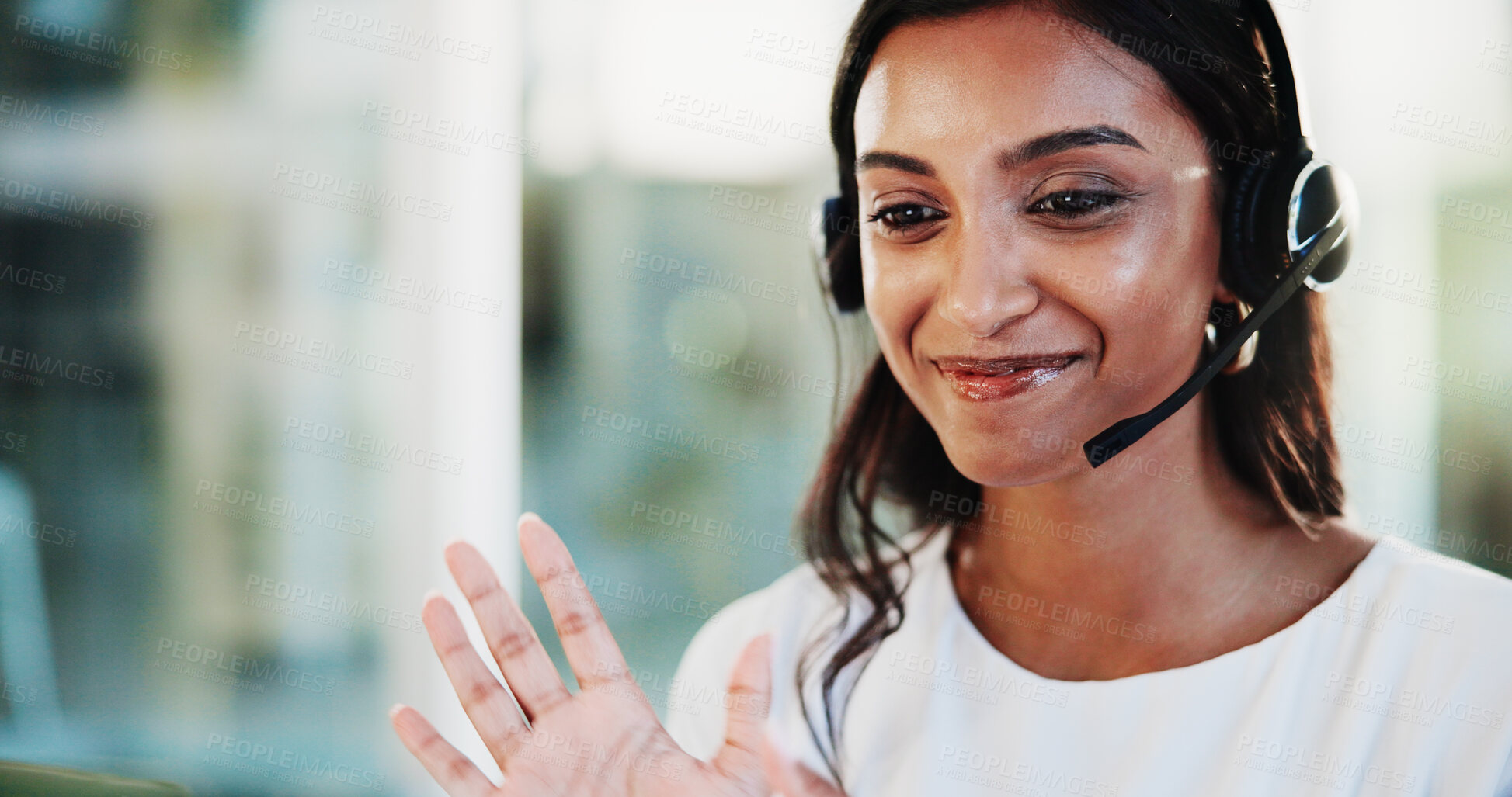 Buy stock photo Smile, woman and wave with headset for video call with greeting, customer service or sales consultant in callcenter. Agent, mic or introduction for contact us, help client or feedback for assistance