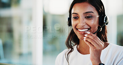 Buy stock photo Happy, call center and woman consultant in office for helpdesk, assistance or support online. Lead generation, headset and female customer service agent with troubleshooting advice for crm advisory.