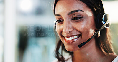 Buy stock photo Headset, call center and woman consultant in office for helpdesk, assistance or support online. Lead generation, audio tech and female customer service agent with troubleshooting advice for crm.