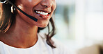 Mouth, customer service and woman consultant in office for helpdesk, assistance or support online. Lead generation, headset and female call center agent with troubleshooting advice for crm advisory.