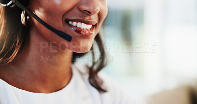 Buy stock photo Mouth, customer service and woman consultant in office for helpdesk, assistance or support online. Lead generation, headset and female call center agent with troubleshooting advice for crm advisory.