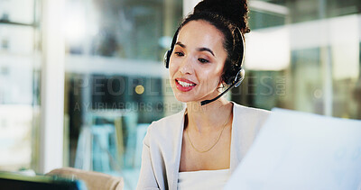 Buy stock photo Headset, laptop and businesswoman with document in online meeting for customer service, guidance or video call. Office, financial advisor and webinar for portfolio management, account advice and help