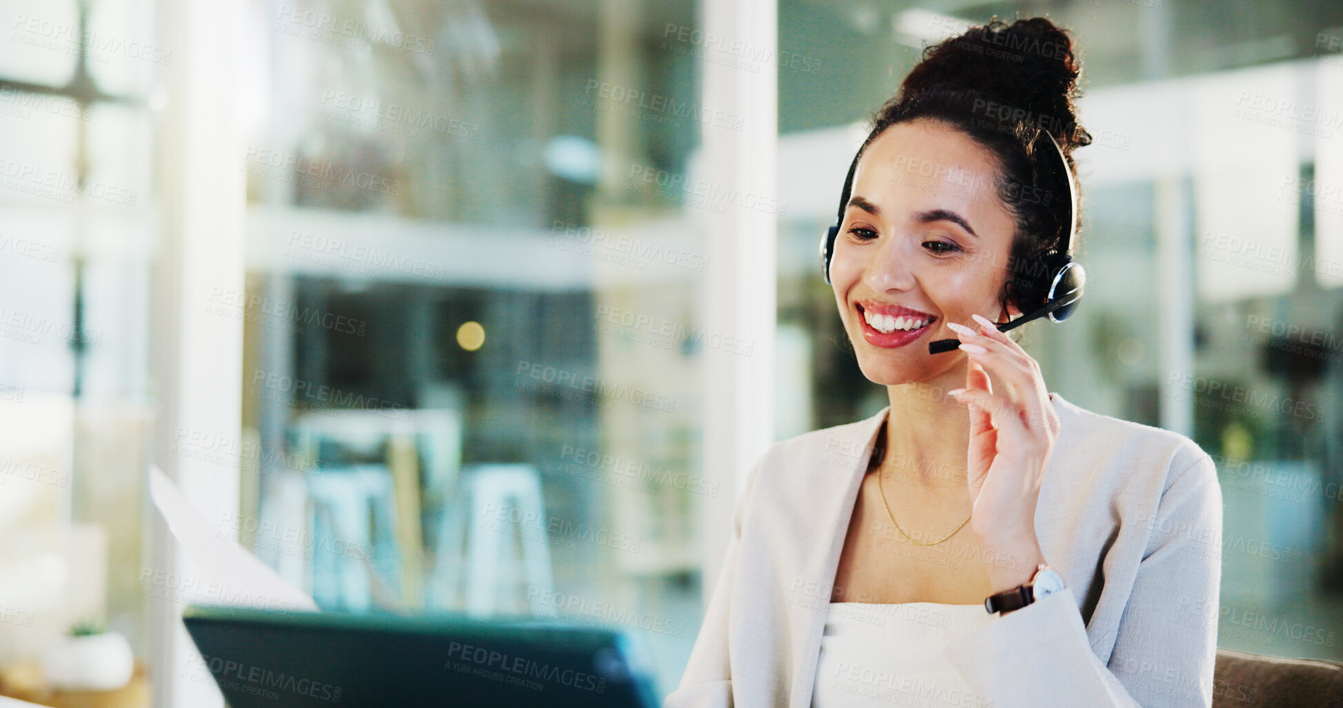 Buy stock photo Headset, laptop and businesswoman with customer service on video call for finance advice, online guidance or meeting. Office, financial advisor and happy with webinar for policy information and help