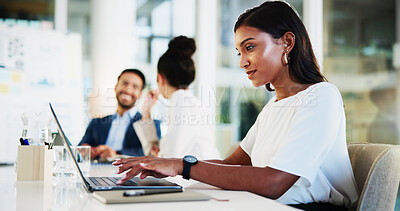 Buy stock photo Laptop, typing and businesswoman in office with research for company budget planning in boardroom. Computer, corporate and female funds accountant with online finance report on email in workplace.