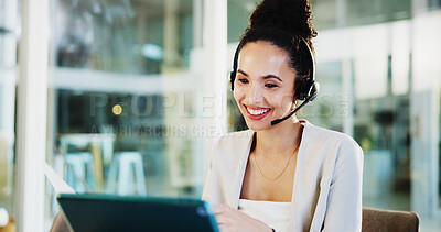 Buy stock photo Headset, laptop and businesswoman with customer service in online meeting for advice, insurance planning or support. Office, financial advisor and video call consultation for finance analysis or help