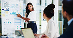 Business, data and woman with discussion in presentation for finance forecasting, market trends analysis or strategy. Financial analyst, collaboration and graph stats for budget review or performance