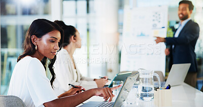 Buy stock photo Business, woman or laptop with reading in presentation for financial statement review, data report or finance analysis. Accounting team, people or meeting for risk management, forecasting or strategy