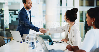 Buy stock photo Handshake, interview and meeting with business people in office boardroom for onboarding or recruitment. Human resources, thank you or welcome with candidate man and woman shaking hands in workplace