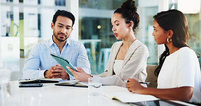 Buy stock photo Tablet, meeting and business people in office with teamwork, collaboration or review on report. Technology, discussion and group of financial advisors with company investment, profit or revenue.