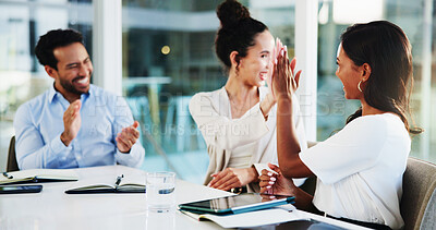 Buy stock photo Business, applause and people with high five in meeting for finance pitch success, funding approval and good news. Financial team, employees and celebration in office for corporate deal or investment