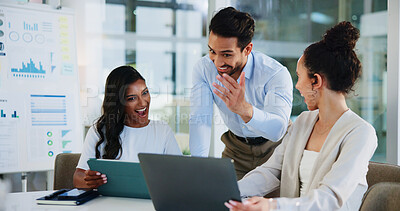 Buy stock photo Business, laptop and people with surprise in meeting for finance performance, company sales growth or good news. Financial analyst, teamwork and online report with KPI goals, budget target or success