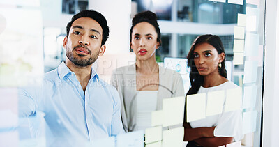 Buy stock photo Glass wall, teamwork and business people in office, brainstorming and cooperation for social media project. Employees, feedback and PR agency with ideas, planning and support for proposal and review