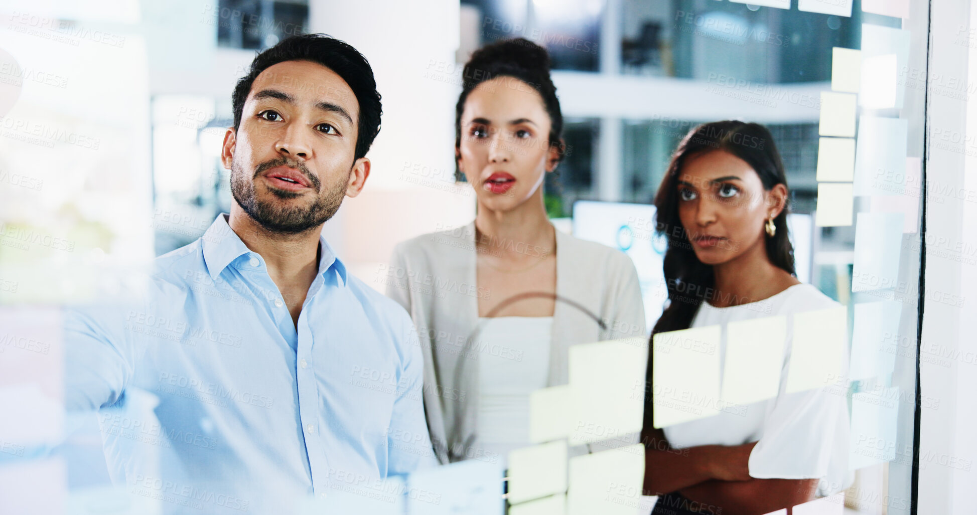 Buy stock photo Glass wall, teamwork and business people in office, brainstorming and cooperation for social media project. Employees, feedback and PR agency with ideas, planning and support for proposal and review