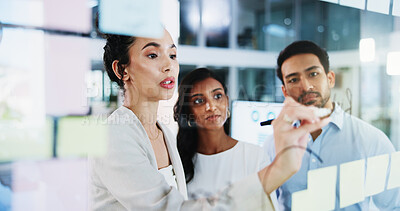 Buy stock photo Glass wall, collaboration and business people in office, planning and about us with brainstorming. Employees, feedback or PR agency with ideas, company growth and support for proposal or sales review