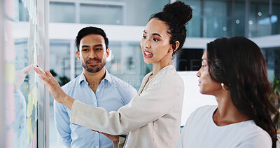 Buy stock photo Glass wall, teamwork and business people in office, planning and conversation for social media project. Employees, feedback and PR agency with ideas, brainstorming and support for proposal and review